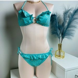 Rare victorias secret teal and gold poka dot bikini with ruffles small & medium